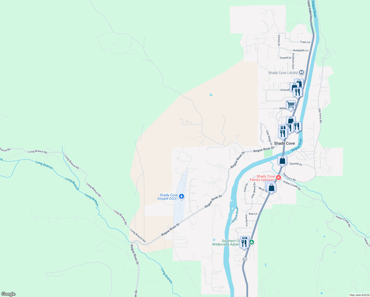 map of restaurants, bars, coffee shops, grocery stores, and more near 780 Rogue Air Drive in Shady Cove