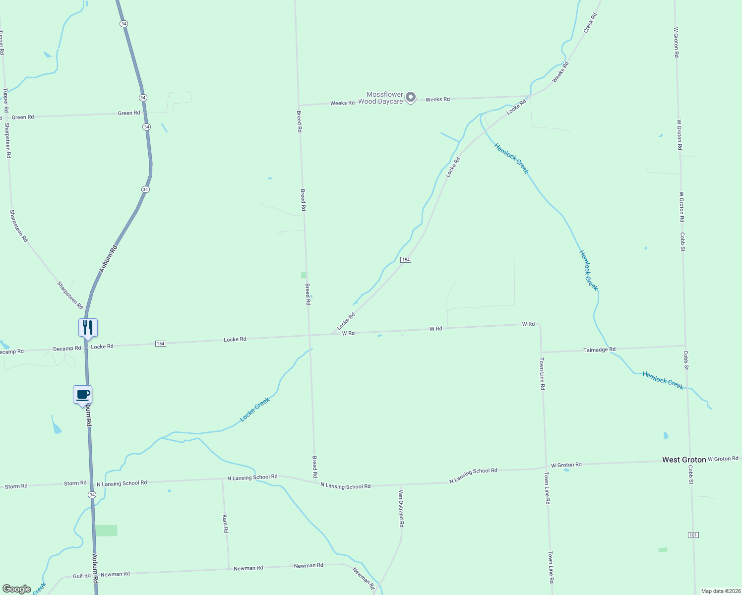 map of restaurants, bars, coffee shops, grocery stores, and more near Locke Road in Tompkins County