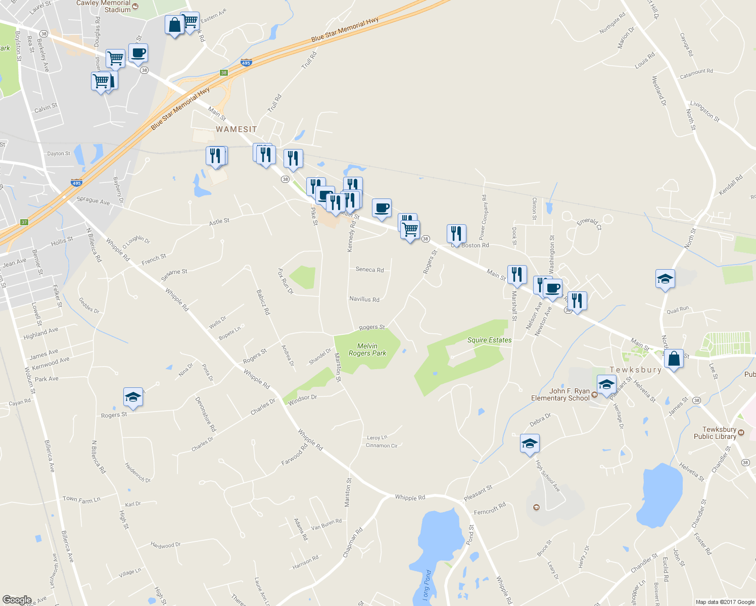 map of restaurants, bars, coffee shops, grocery stores, and more near 120 Navillus Road in Tewksbury