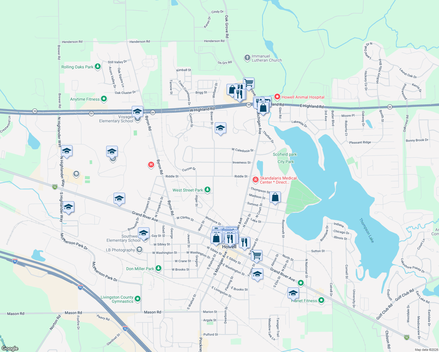 map of restaurants, bars, coffee shops, grocery stores, and more near 344 Riddle Street in Howell