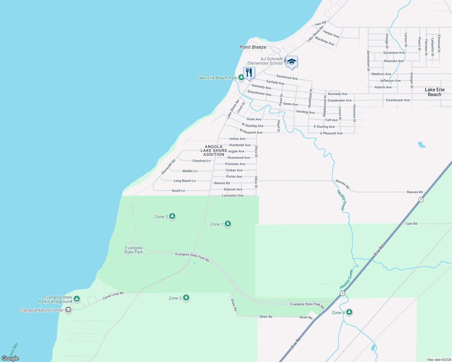 map of restaurants, bars, coffee shops, grocery stores, and more near 156 Reeves Road in Angola