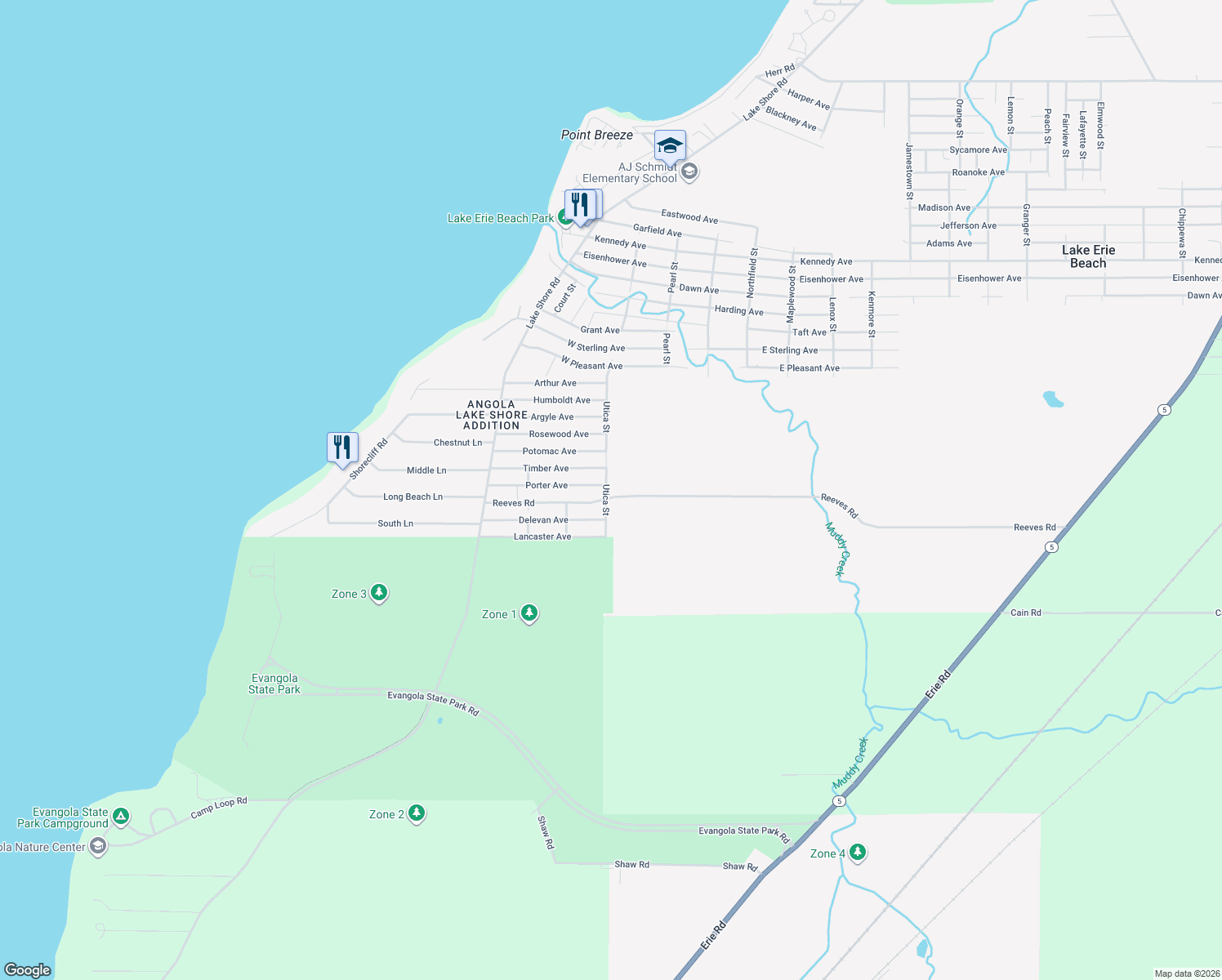 map of restaurants, bars, coffee shops, grocery stores, and more near 9877 Utica Street in Angola