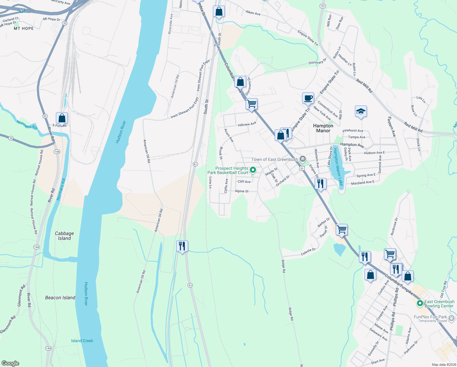 map of restaurants, bars, coffee shops, grocery stores, and more near 14 Moulds Avenue in Rensselaer