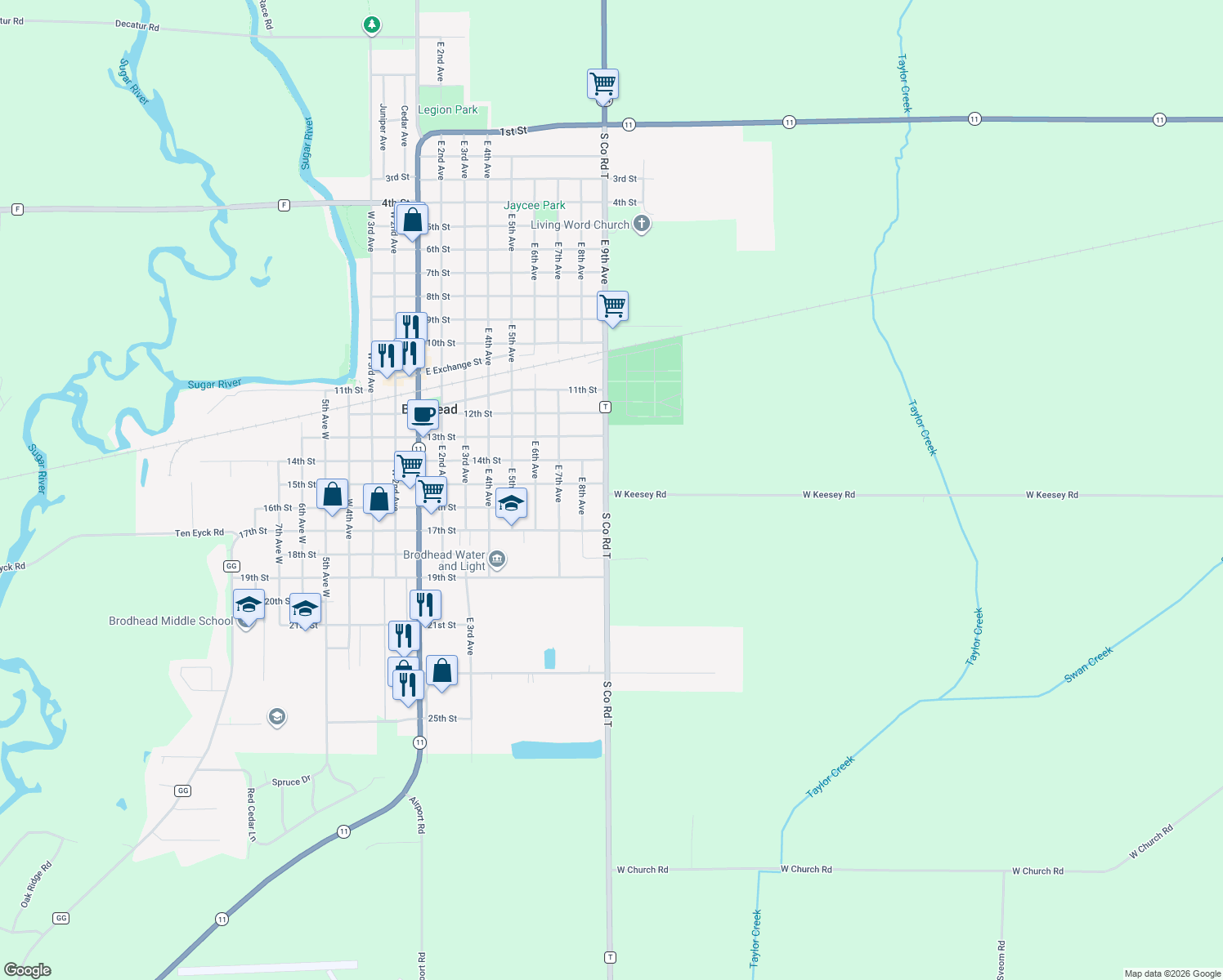 map of restaurants, bars, coffee shops, grocery stores, and more near 18534 West Keesey Road in Brodhead