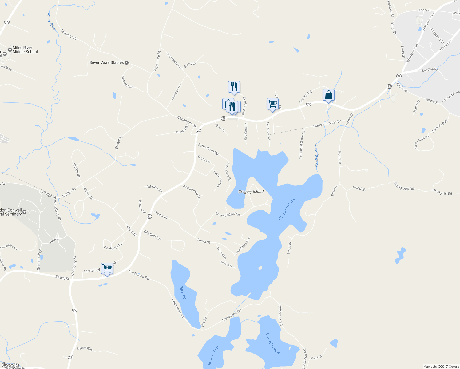 map of restaurants, bars, coffee shops, grocery stores, and more near 245 Echo Cove Road in Hamilton