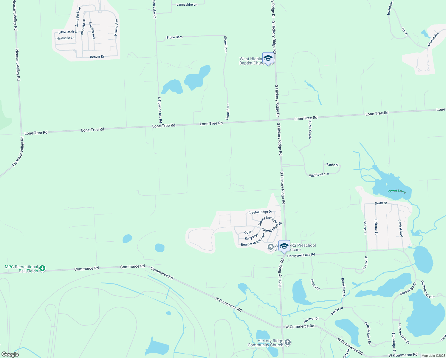map of restaurants, bars, coffee shops, grocery stores, and more near 2210 South Stone Barn Road in Highland Charter Township