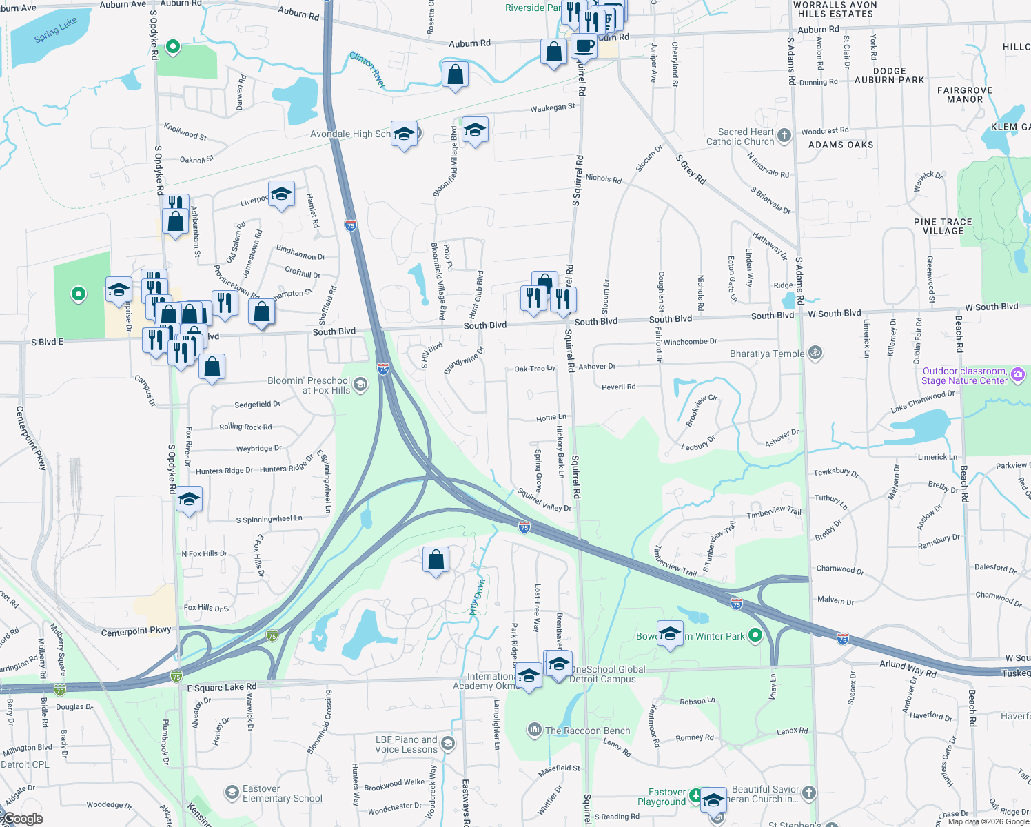 map of restaurants, bars, coffee shops, grocery stores, and more near 1789 Squirrel Valley Drive in Bloomfield Hills