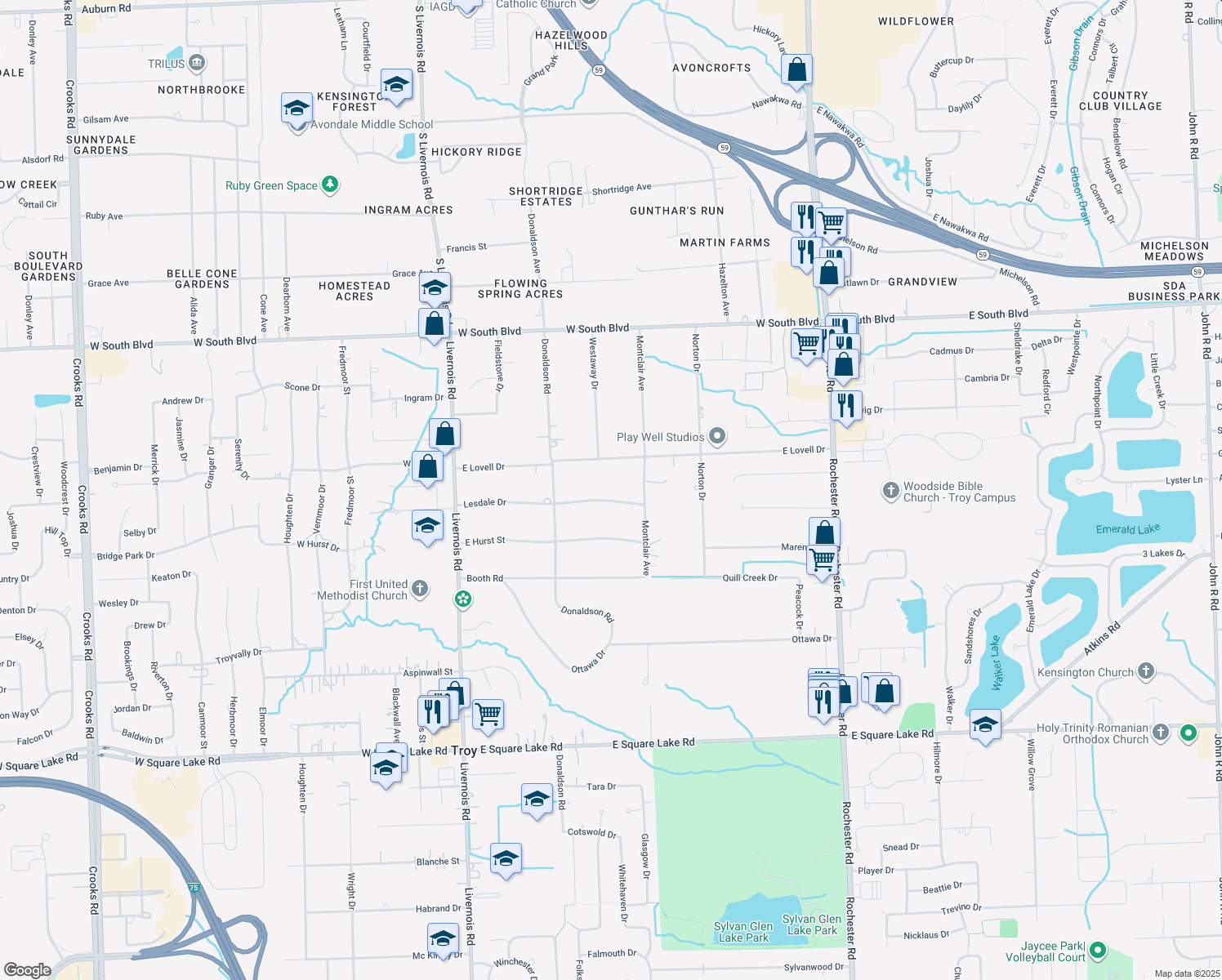 map of restaurants, bars, coffee shops, grocery stores, and more near 415 Lesdale Dr in Troy