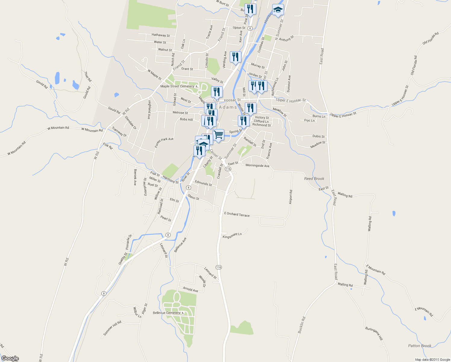 map of restaurants, bars, coffee shops, grocery stores, and more near 29.5 Orchard Street in Adams