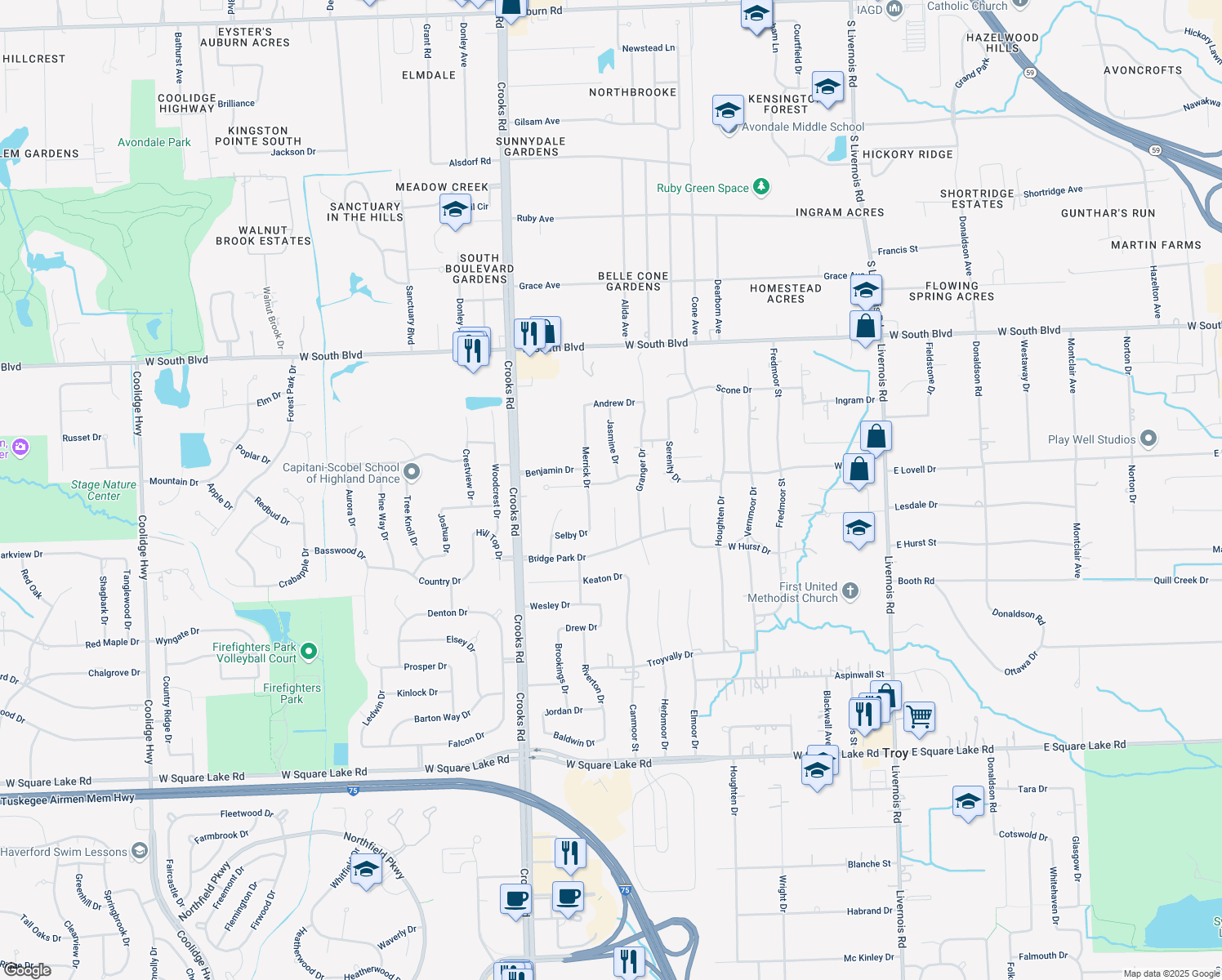 map of restaurants, bars, coffee shops, grocery stores, and more near 721 Kimberly Drive in Troy