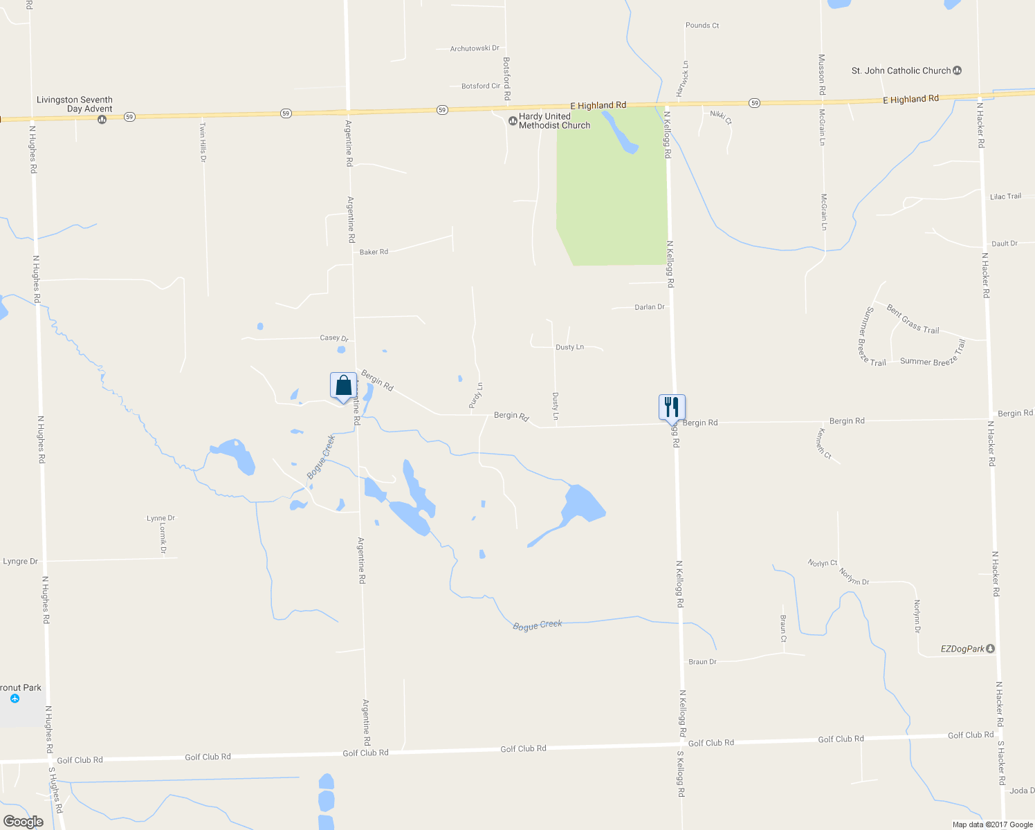 map of restaurants, bars, coffee shops, grocery stores, and more near 6525 Bergin Road in Howell