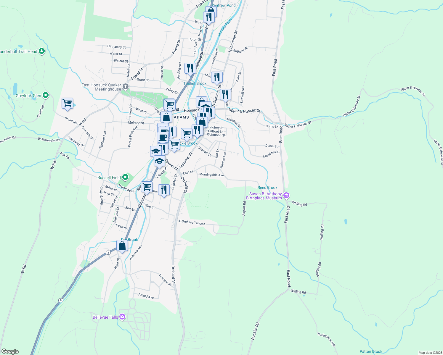 map of restaurants, bars, coffee shops, grocery stores, and more near 45 Morningside Ave in Adams