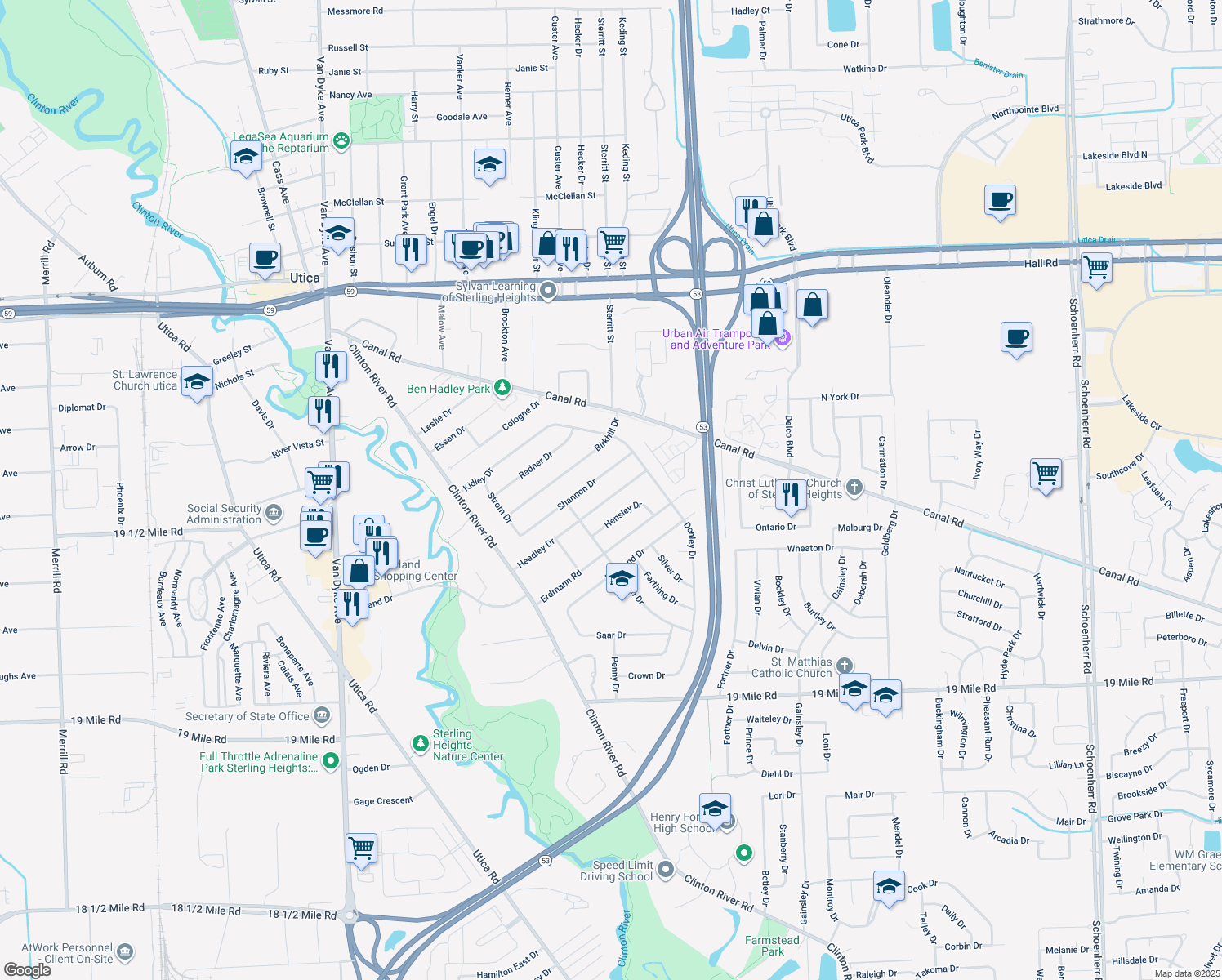 map of restaurants, bars, coffee shops, grocery stores, and more near 9003 Headley Dr in Sterling Heights