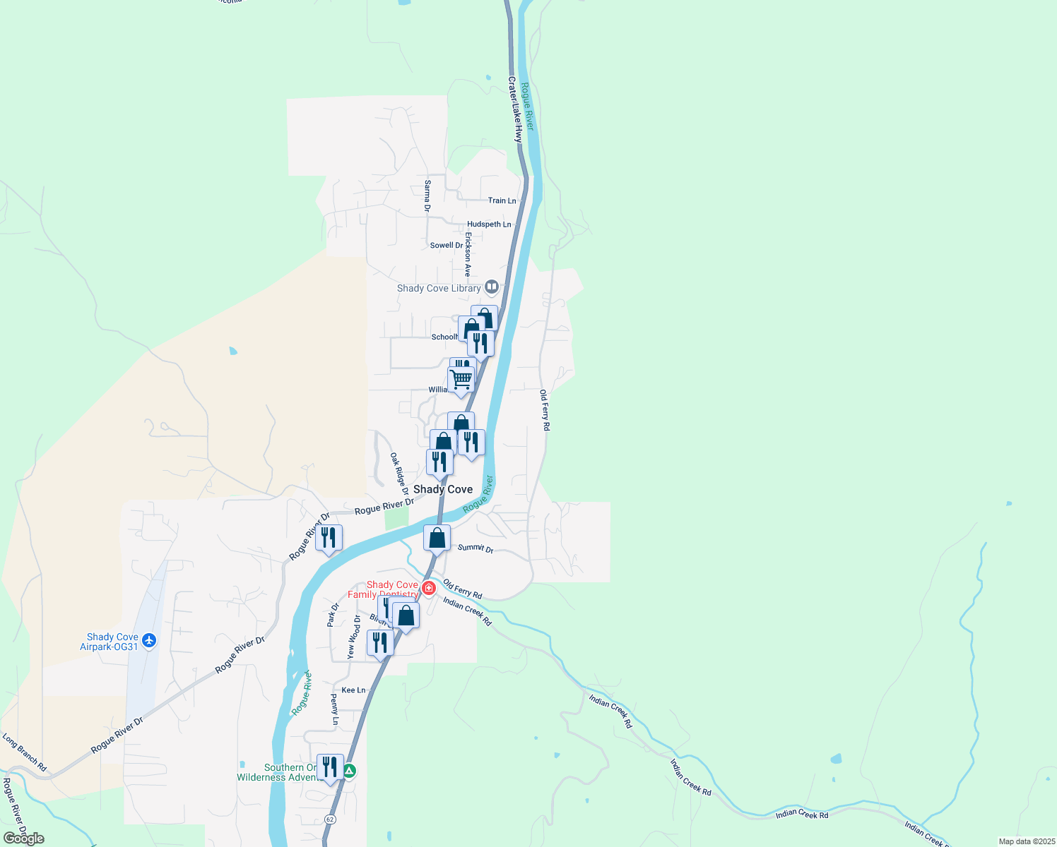 map of restaurants, bars, coffee shops, grocery stores, and more near 698 Melrose Ln in Shady Cove