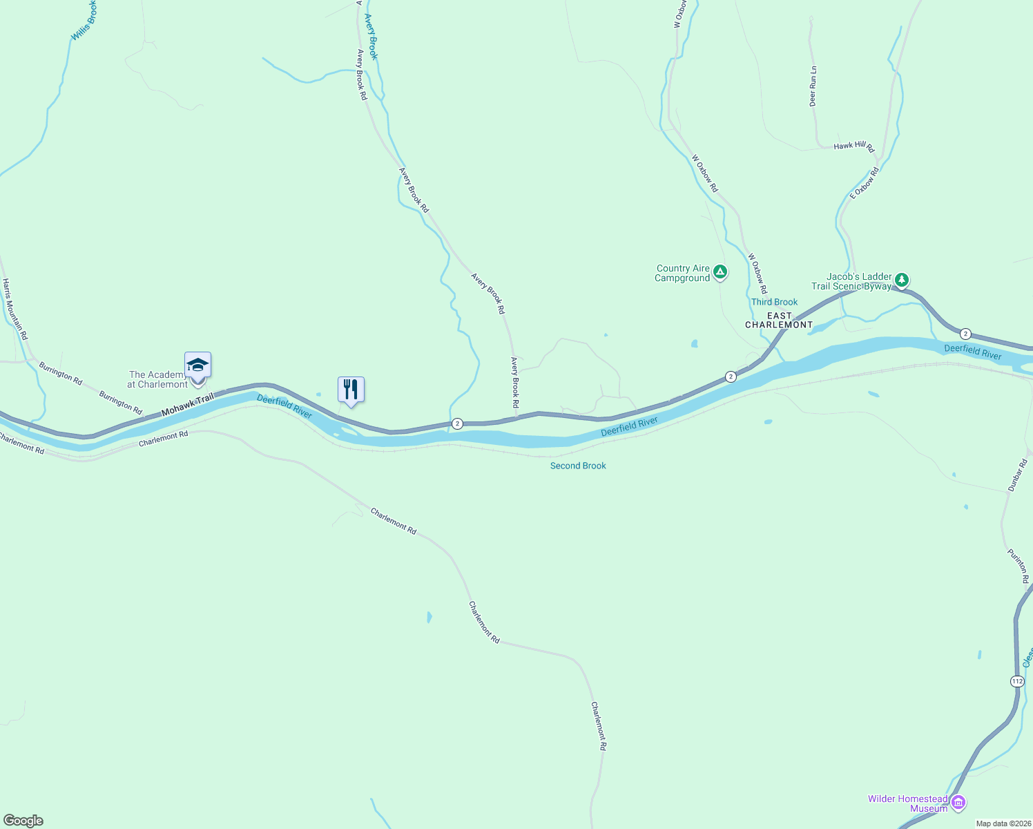 map of restaurants, bars, coffee shops, grocery stores, and more near 92 Avery Brook Road in Shelburne Falls