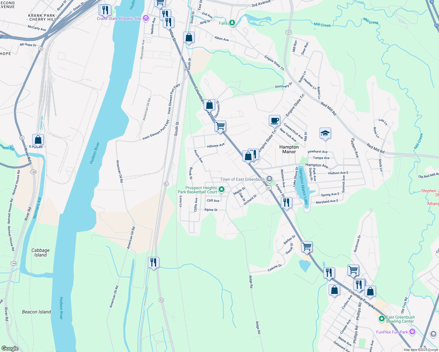 map of restaurants, bars, coffee shops, grocery stores, and more near 5 Newbury Street in Rensselaer