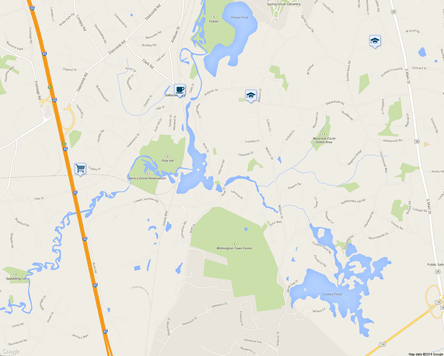 map of restaurants, bars, coffee shops, grocery stores, and more near 86 River Street in Andover