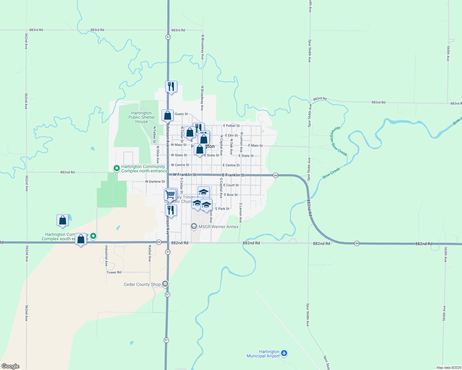 map of restaurants, bars, coffee shops, grocery stores, and more near 301 South Oak Avenue in Hartington