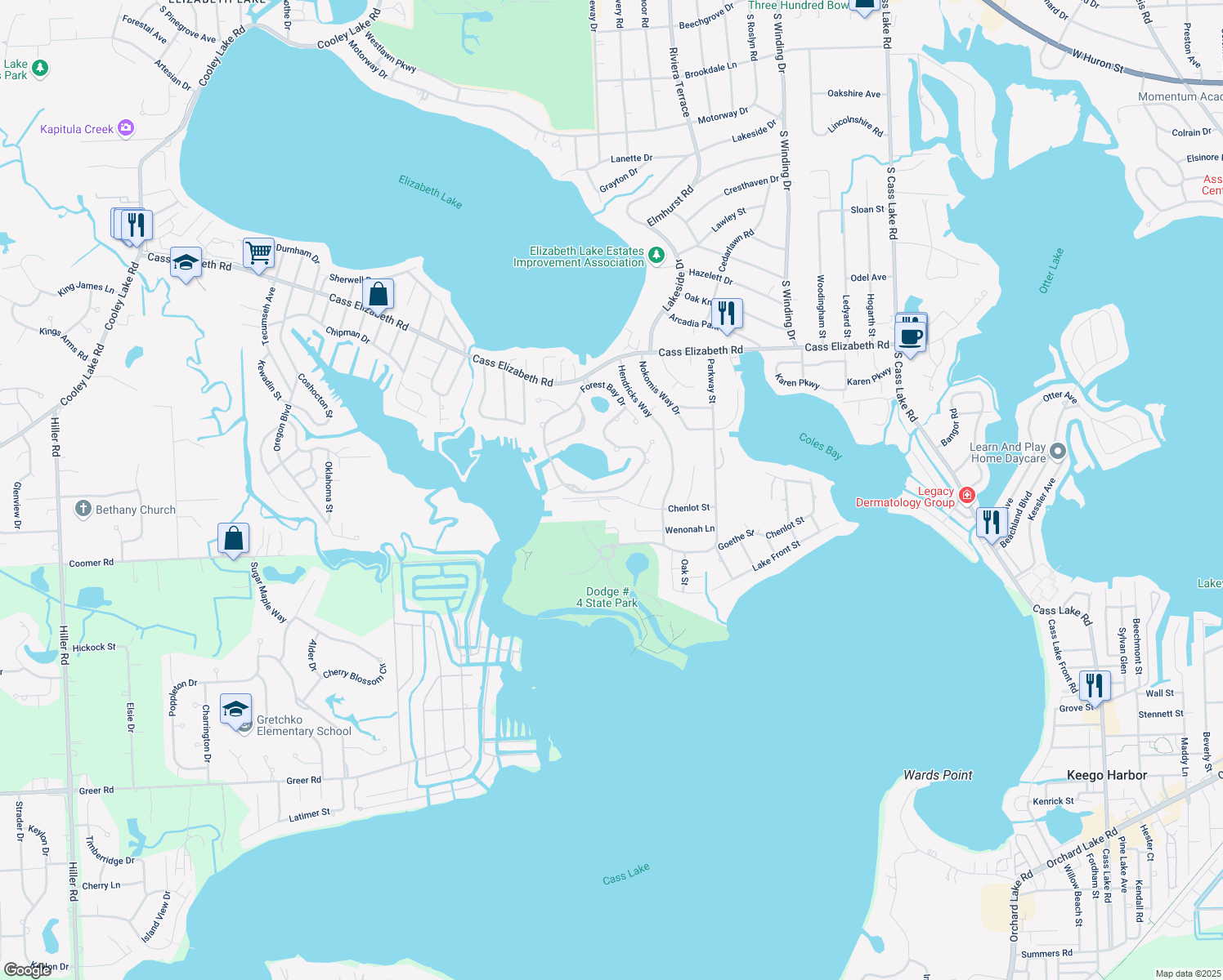 map of restaurants, bars, coffee shops, grocery stores, and more near 1238 Forest Bay Dr in Waterford Township