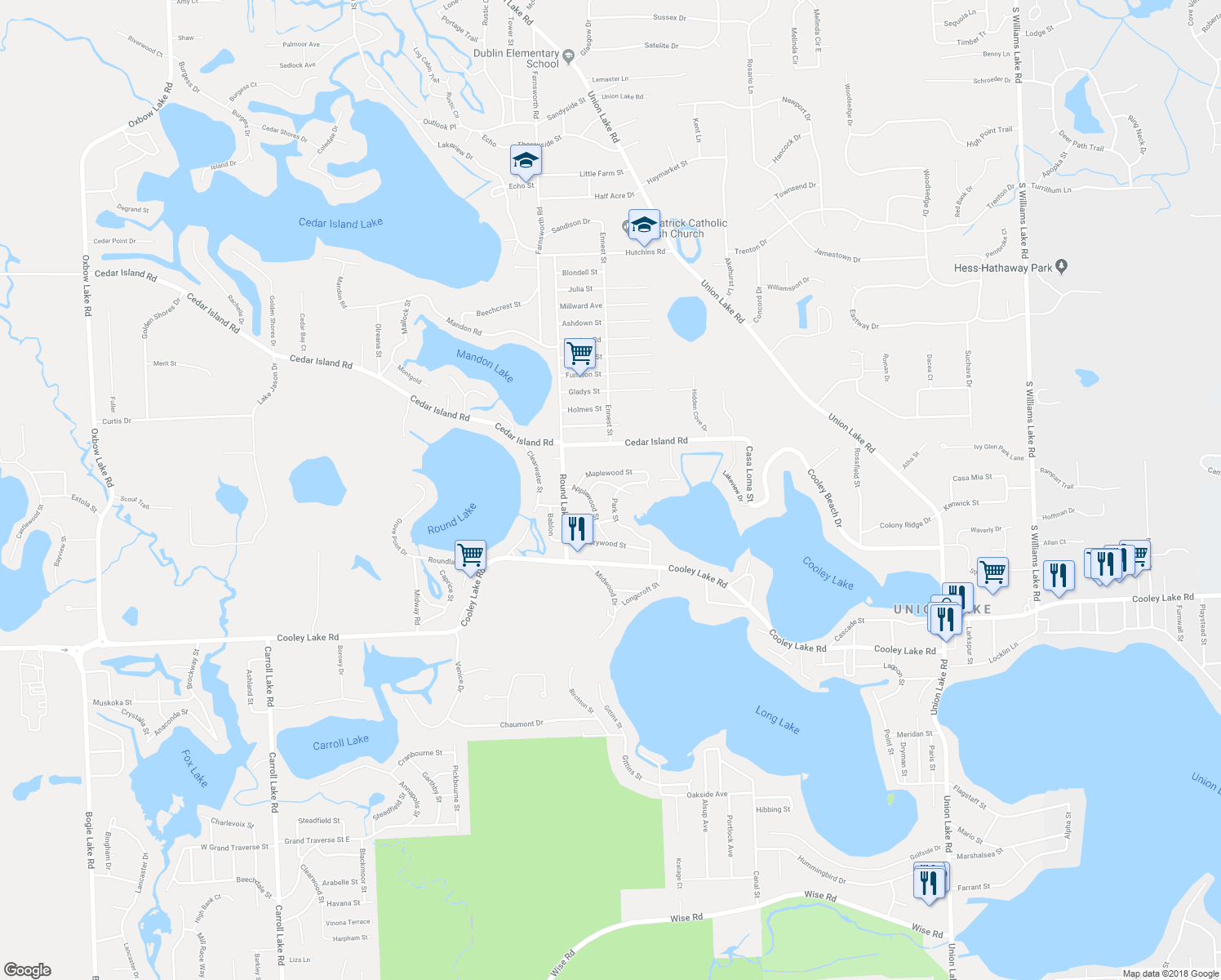 map of restaurants, bars, coffee shops, grocery stores, and more near 9147 Redwood Street in White Lake charter Township
