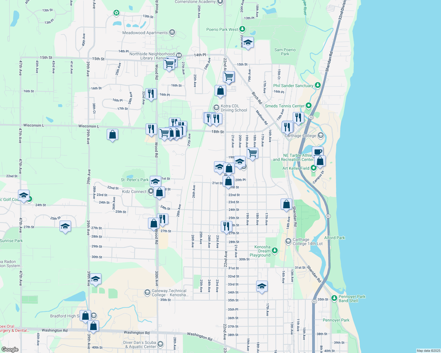 map of restaurants, bars, coffee shops, grocery stores, and more near 2026 22nd Avenue in Kenosha