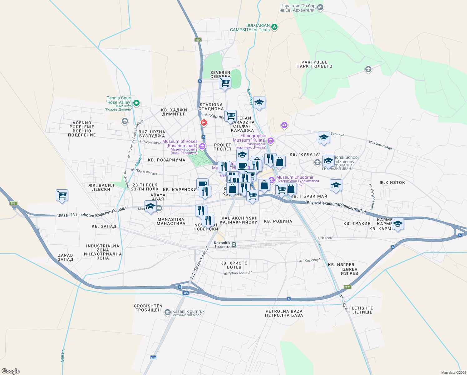 map of restaurants, bars, coffee shops, grocery stores, and more near 2 ulitsa "Iskra" in Kazanlak
