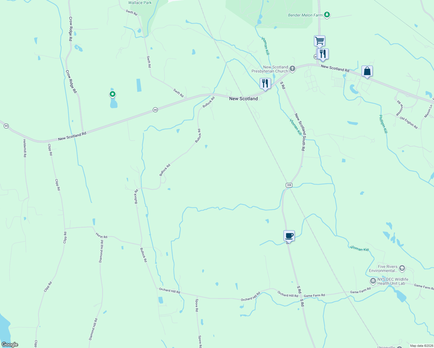 map of restaurants, bars, coffee shops, grocery stores, and more near 83 Bullock Rd in Slingerlands