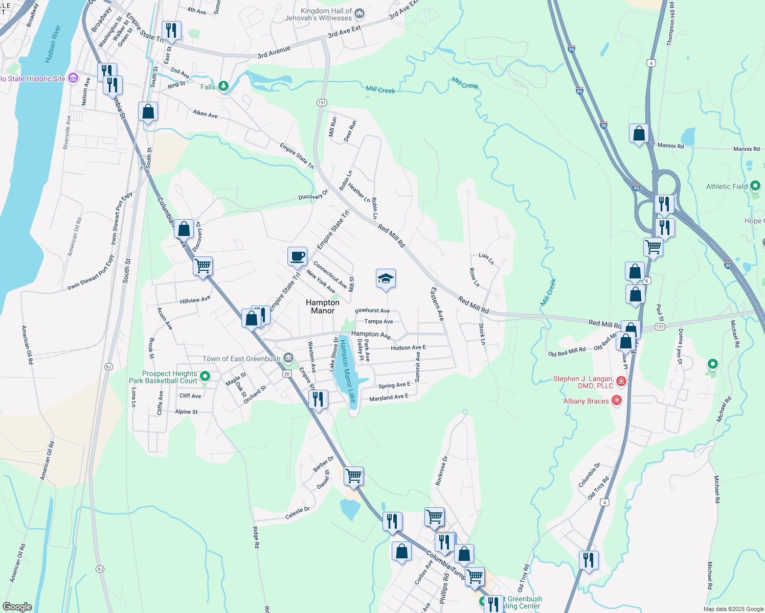 map of restaurants, bars, coffee shops, grocery stores, and more near 249 Pinehurst Avenue in Rensselaer