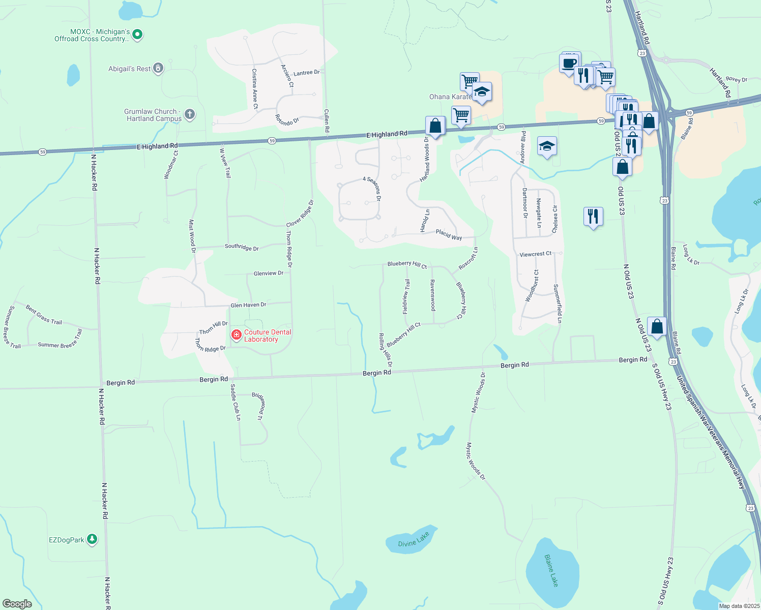 map of restaurants, bars, coffee shops, grocery stores, and more near 1348 Rolling Hills Drive in Howell