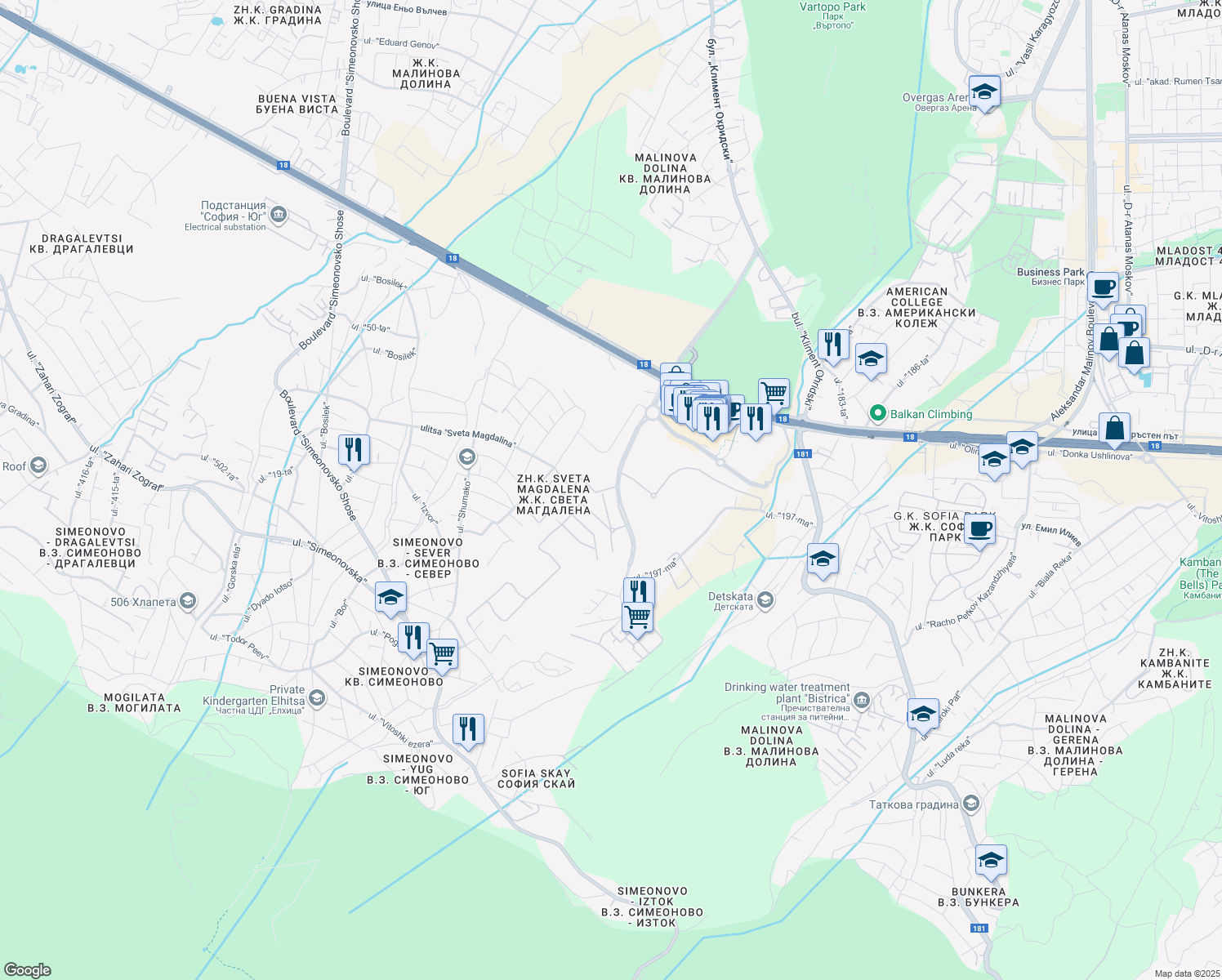 map of restaurants, bars, coffee shops, grocery stores, and more near in Sofia