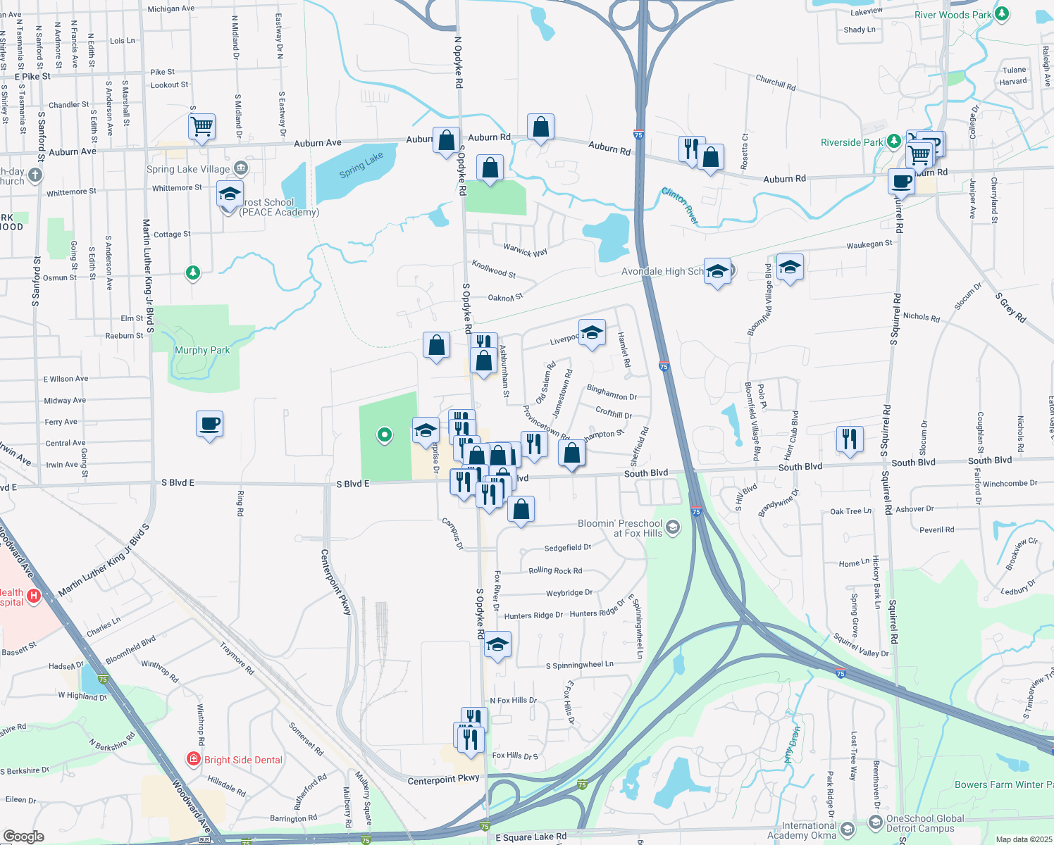 map of restaurants, bars, coffee shops, grocery stores, and more near 720 Provincetown Road in Auburn Hills
