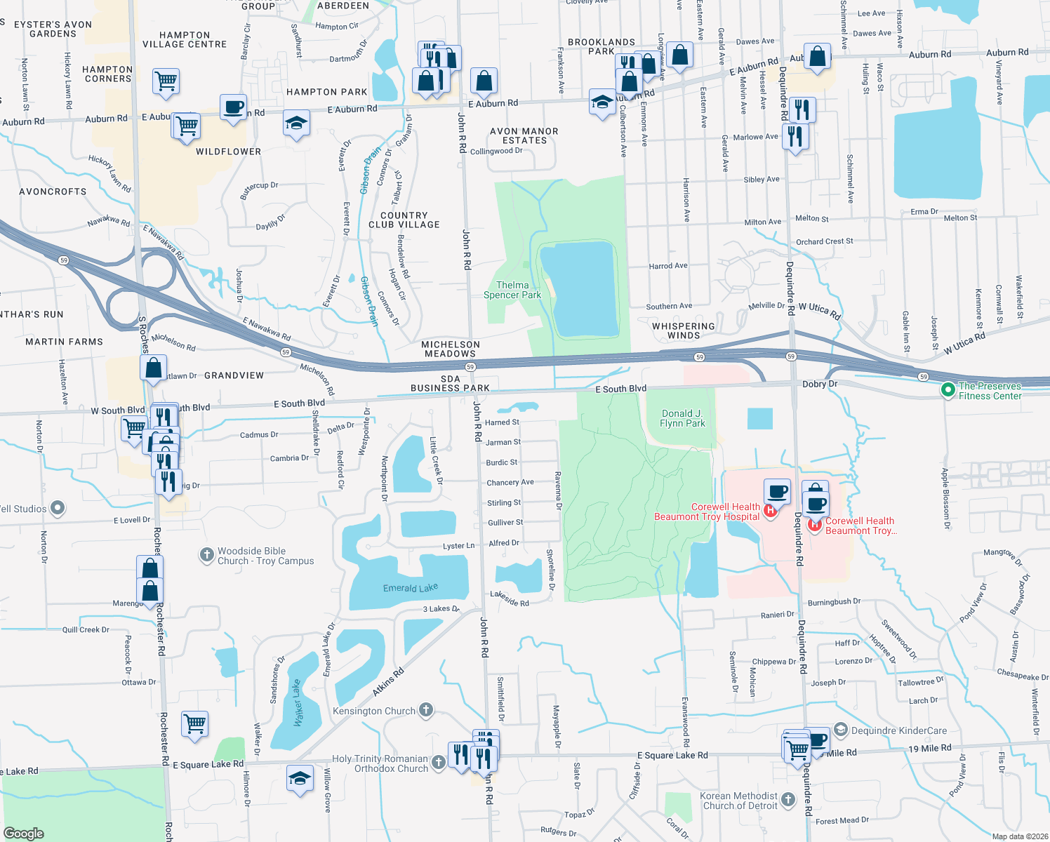 map of restaurants, bars, coffee shops, grocery stores, and more near 2137 Harned Street in Troy