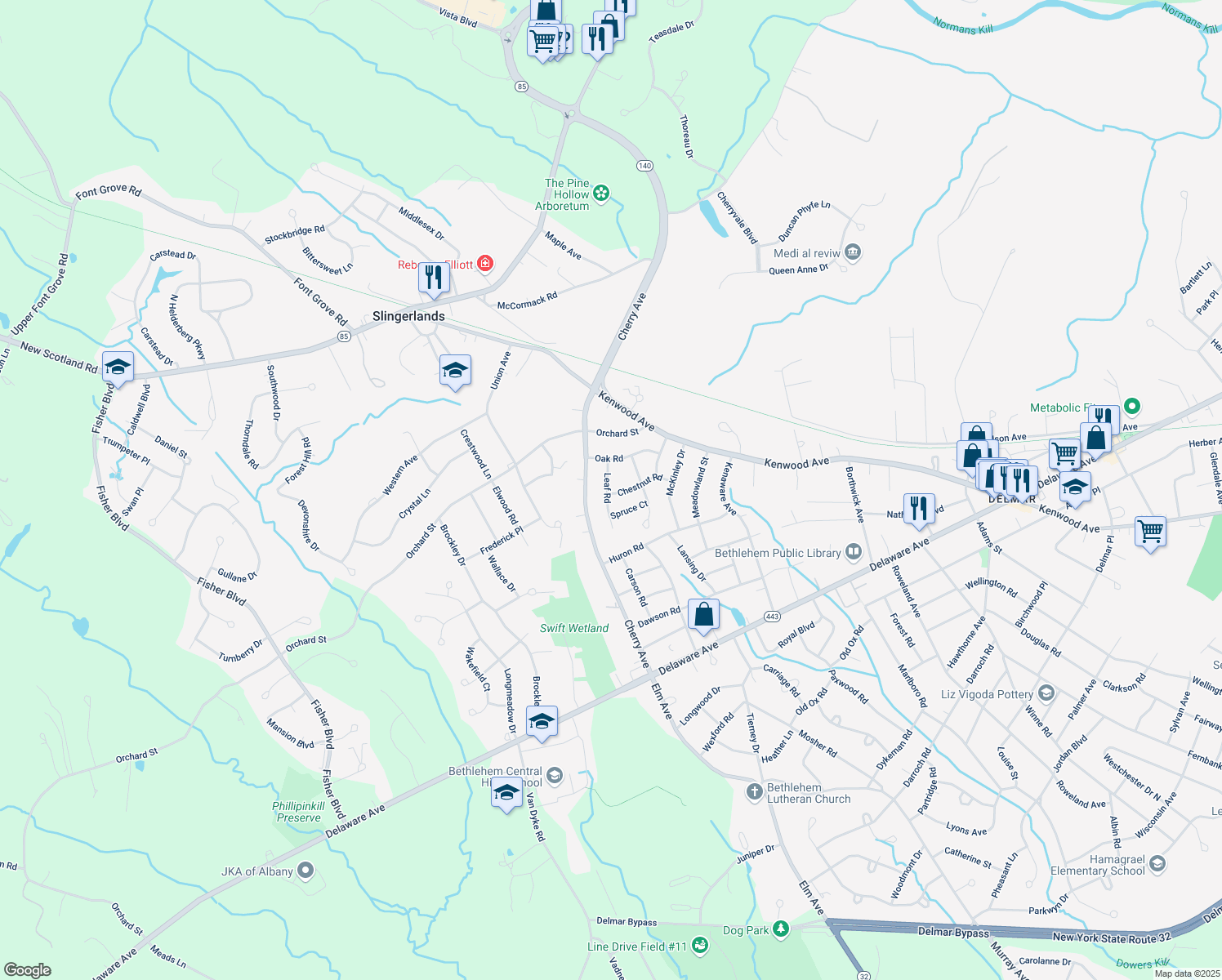 map of restaurants, bars, coffee shops, grocery stores, and more near 16 Leaf Road in Delmar