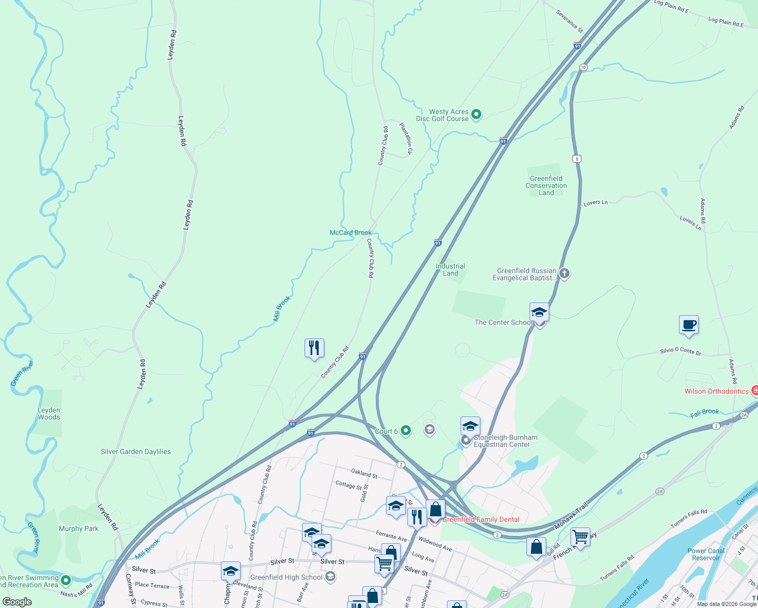 map of restaurants, bars, coffee shops, grocery stores, and more near 325 Country Club Rd in Greenfield