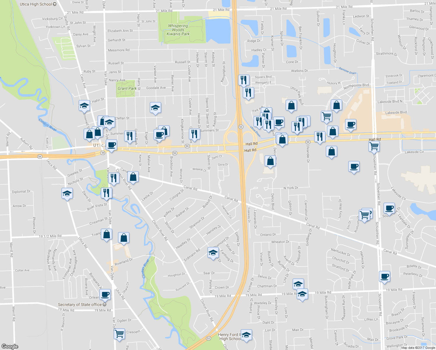 map of restaurants, bars, coffee shops, grocery stores, and more near 44648 Patricia Drive in Sterling Heights