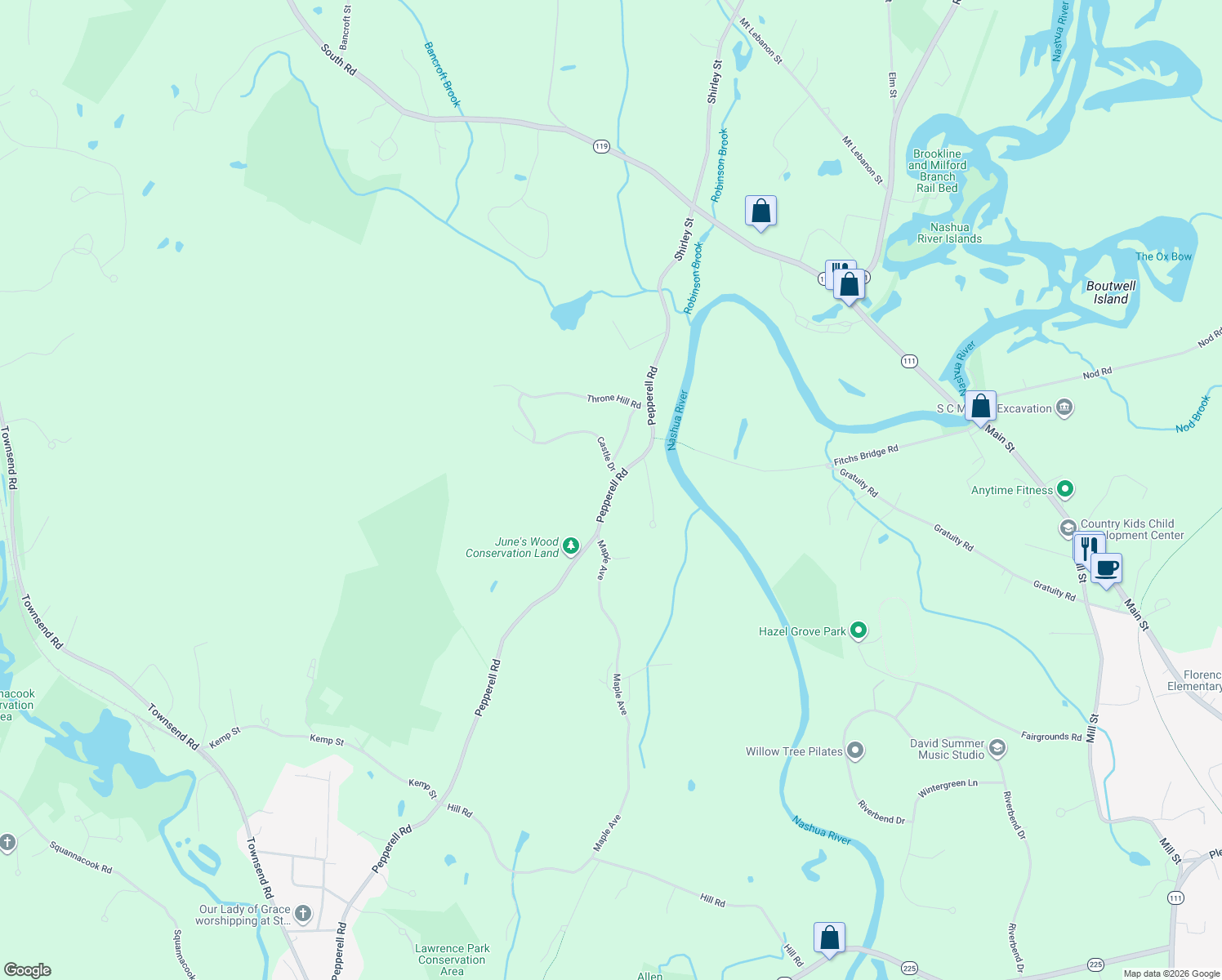 map of restaurants, bars, coffee shops, grocery stores, and more near 480 Pepperell Road in Groton