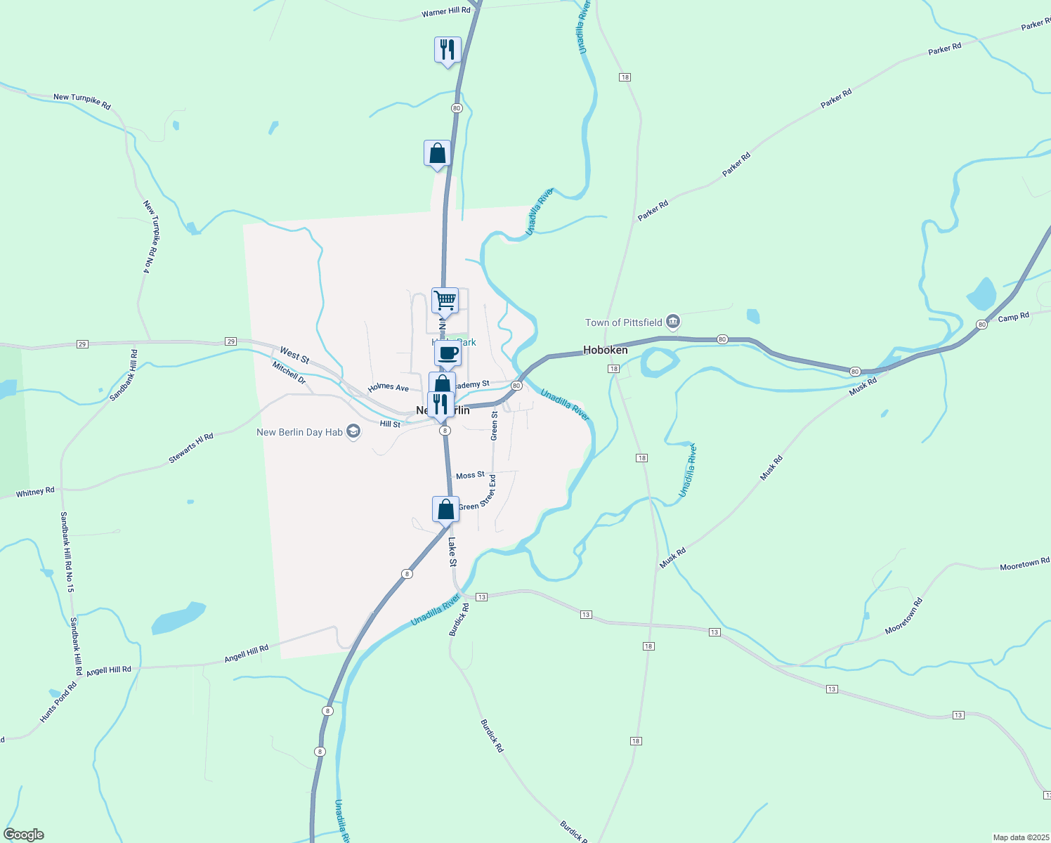 map of restaurants, bars, coffee shops, grocery stores, and more near 11 Vista Ln in New Berlin