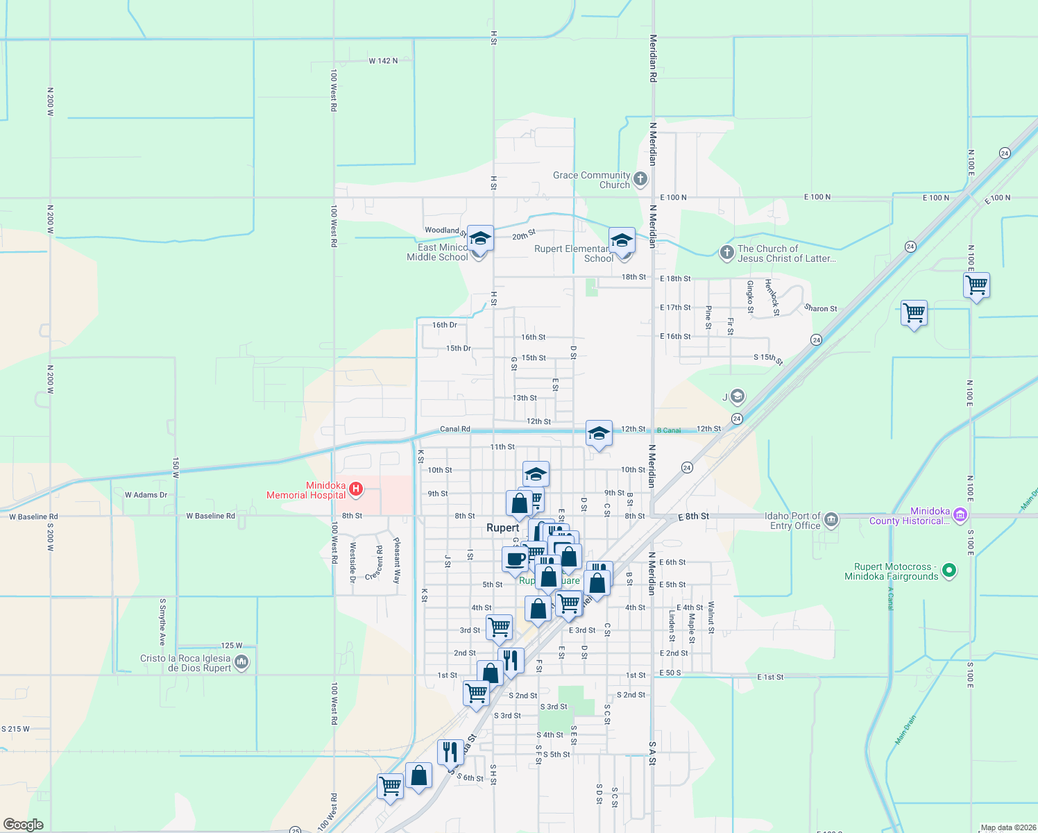 map of restaurants, bars, coffee shops, grocery stores, and more near 1202 G Street in Rupert