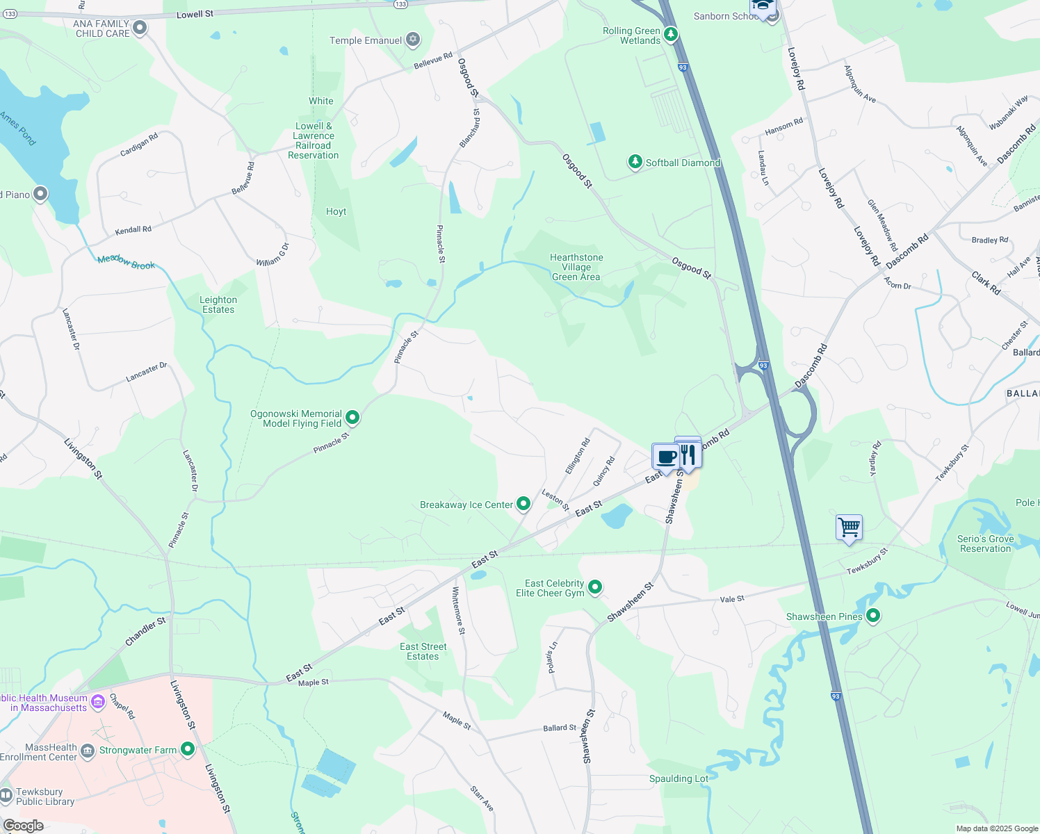 map of restaurants, bars, coffee shops, grocery stores, and more near 13 Kimberly Drive in Tewksbury