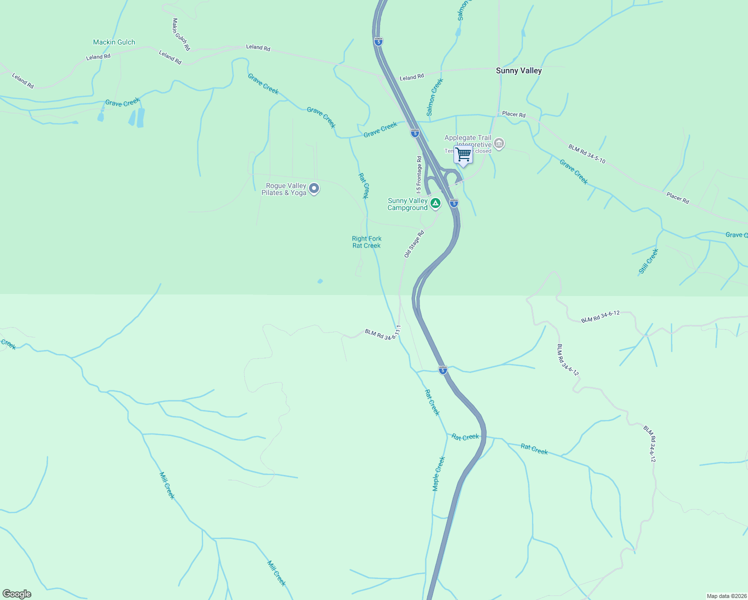 map of restaurants, bars, coffee shops, grocery stores, and more near 433 Old Stage Road in Wolf Creek