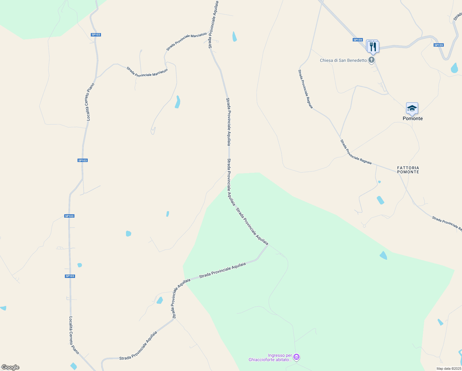 map of restaurants, bars, coffee shops, grocery stores, and more near Strada Provinciale Aquilaia in Provincia di Grosseto
