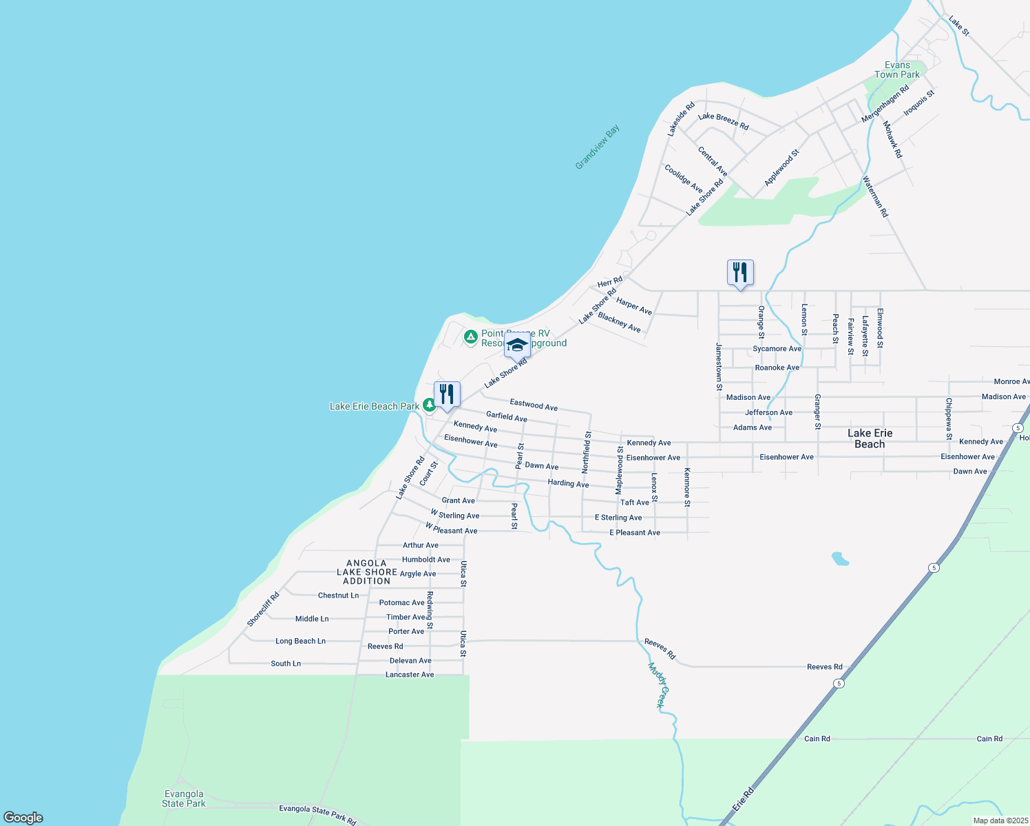 map of restaurants, bars, coffee shops, grocery stores, and more near 258 Garfield Ave in Angola