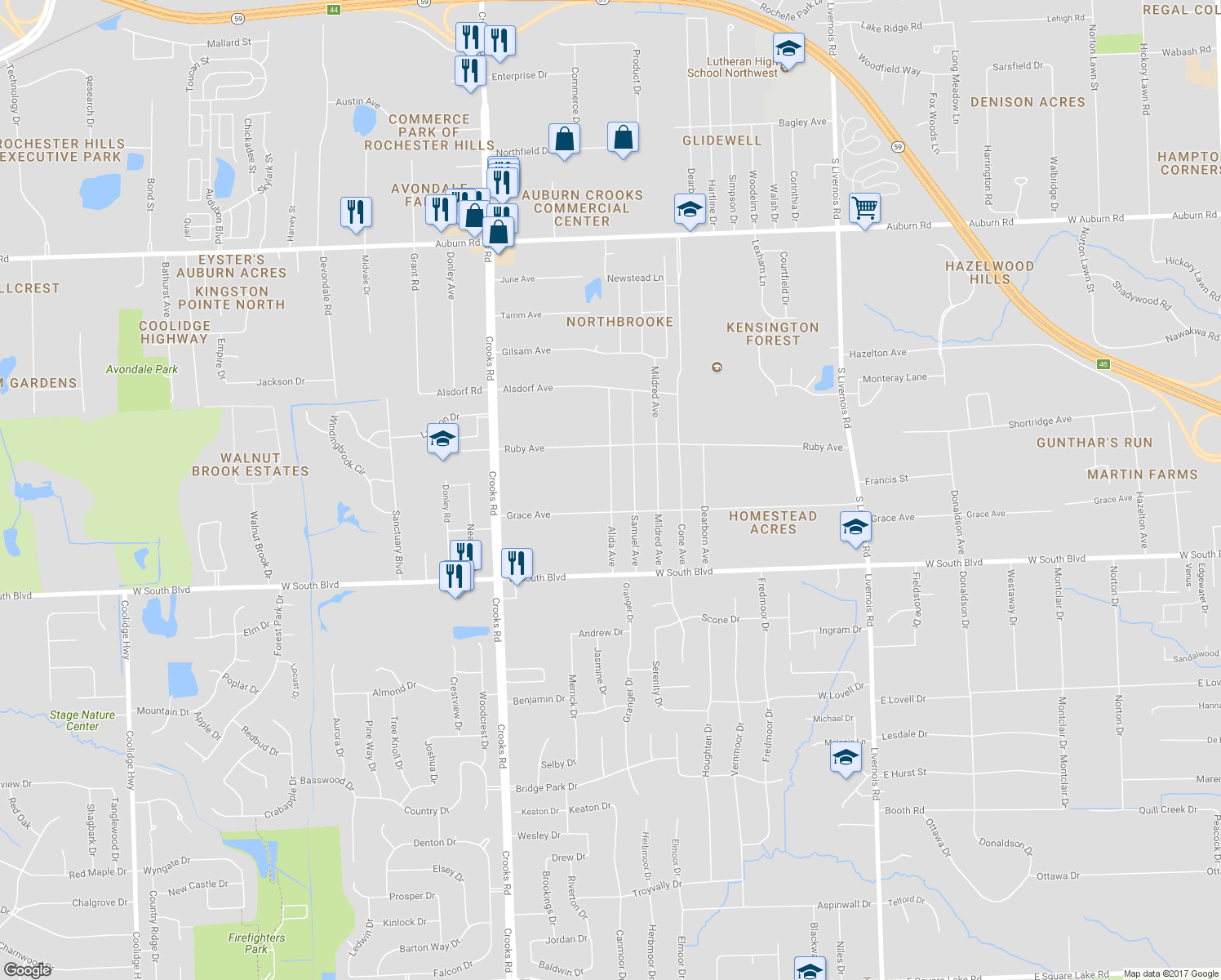 map of restaurants, bars, coffee shops, grocery stores, and more near 3738 Alida Avenue in Rochester Hills