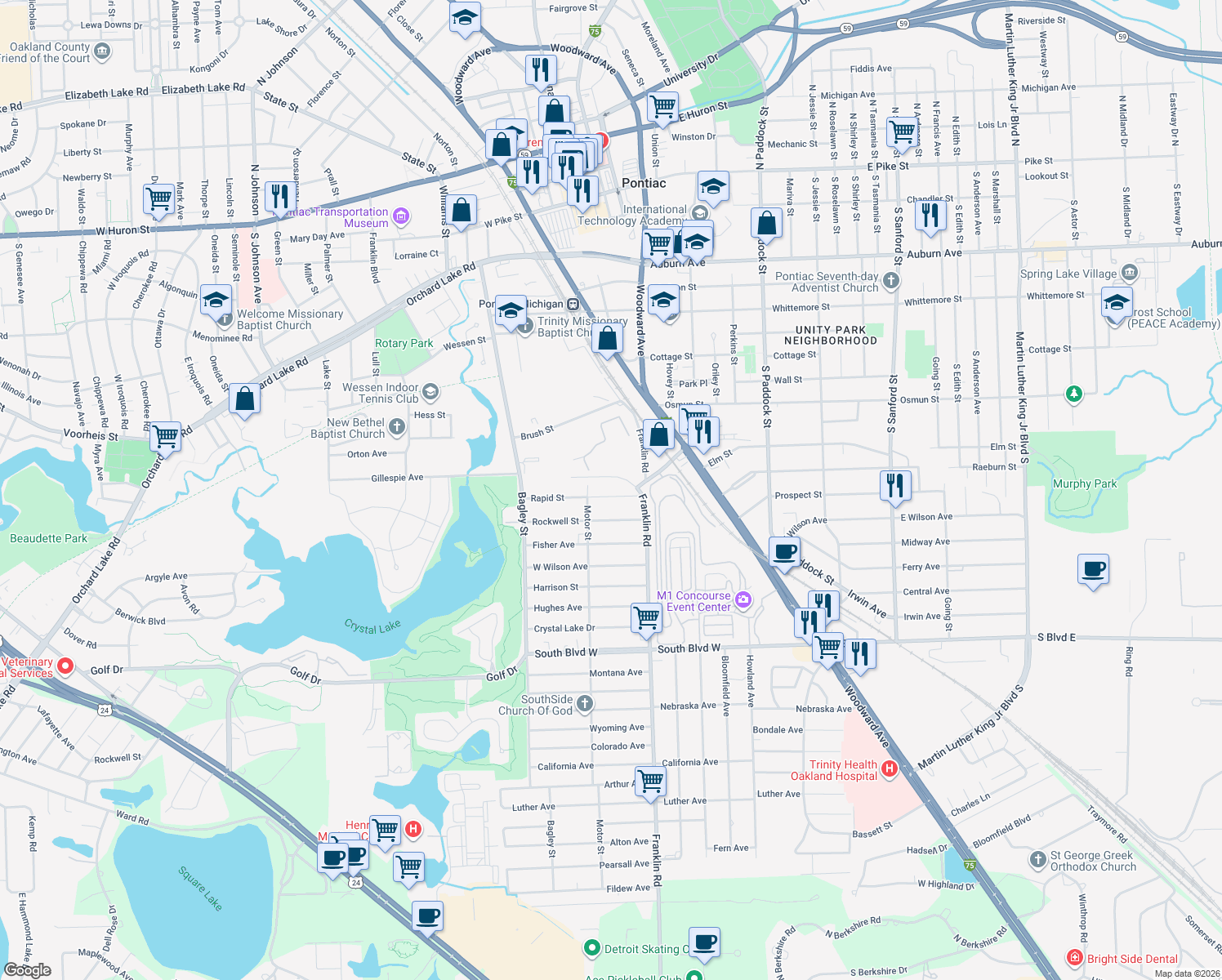 map of restaurants, bars, coffee shops, grocery stores, and more near 218 Rapid St in Pontiac