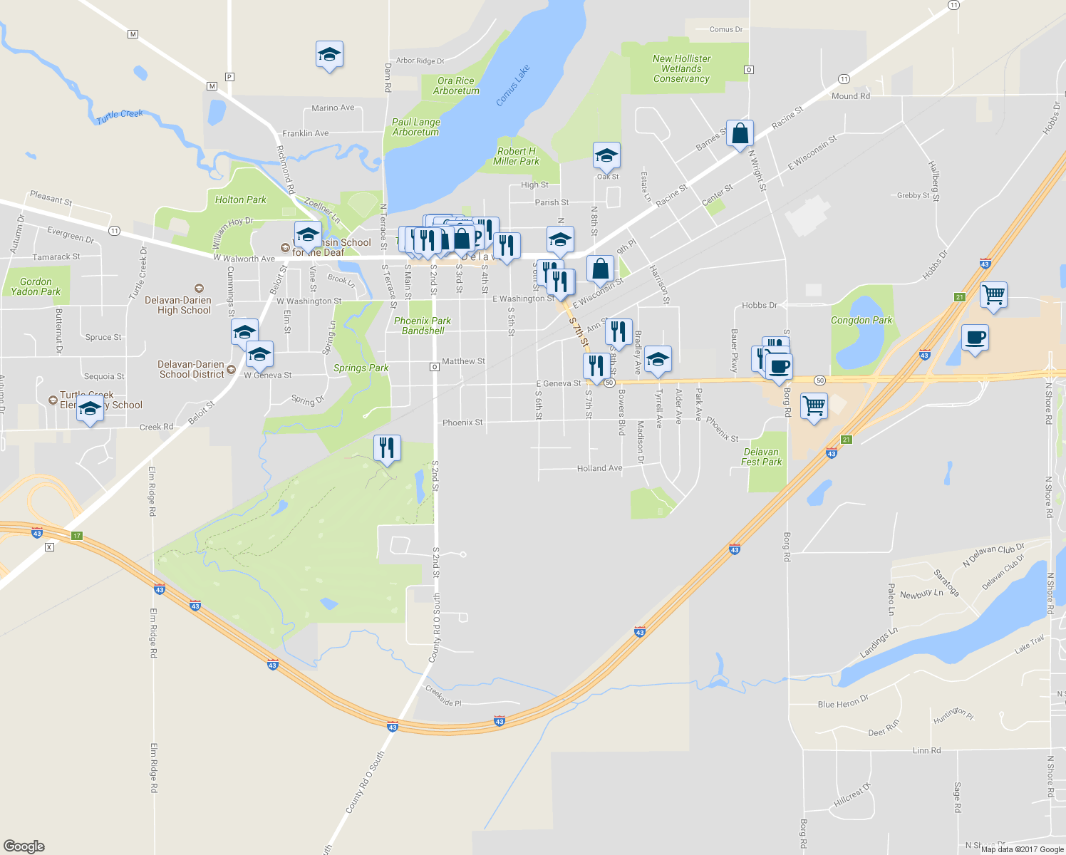 map of restaurants, bars, coffee shops, grocery stores, and more near 520 Phoenix Street in Delavan