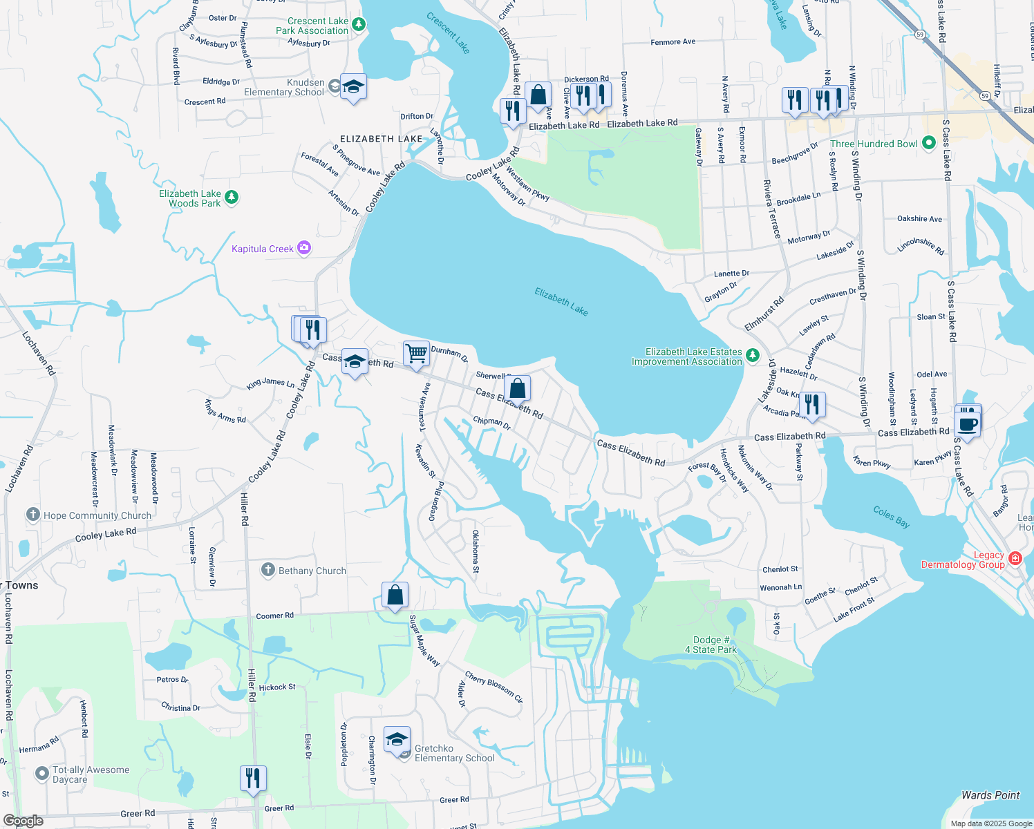 map of restaurants, bars, coffee shops, grocery stores, and more near 1012 Iroquois Street in Waterford Township