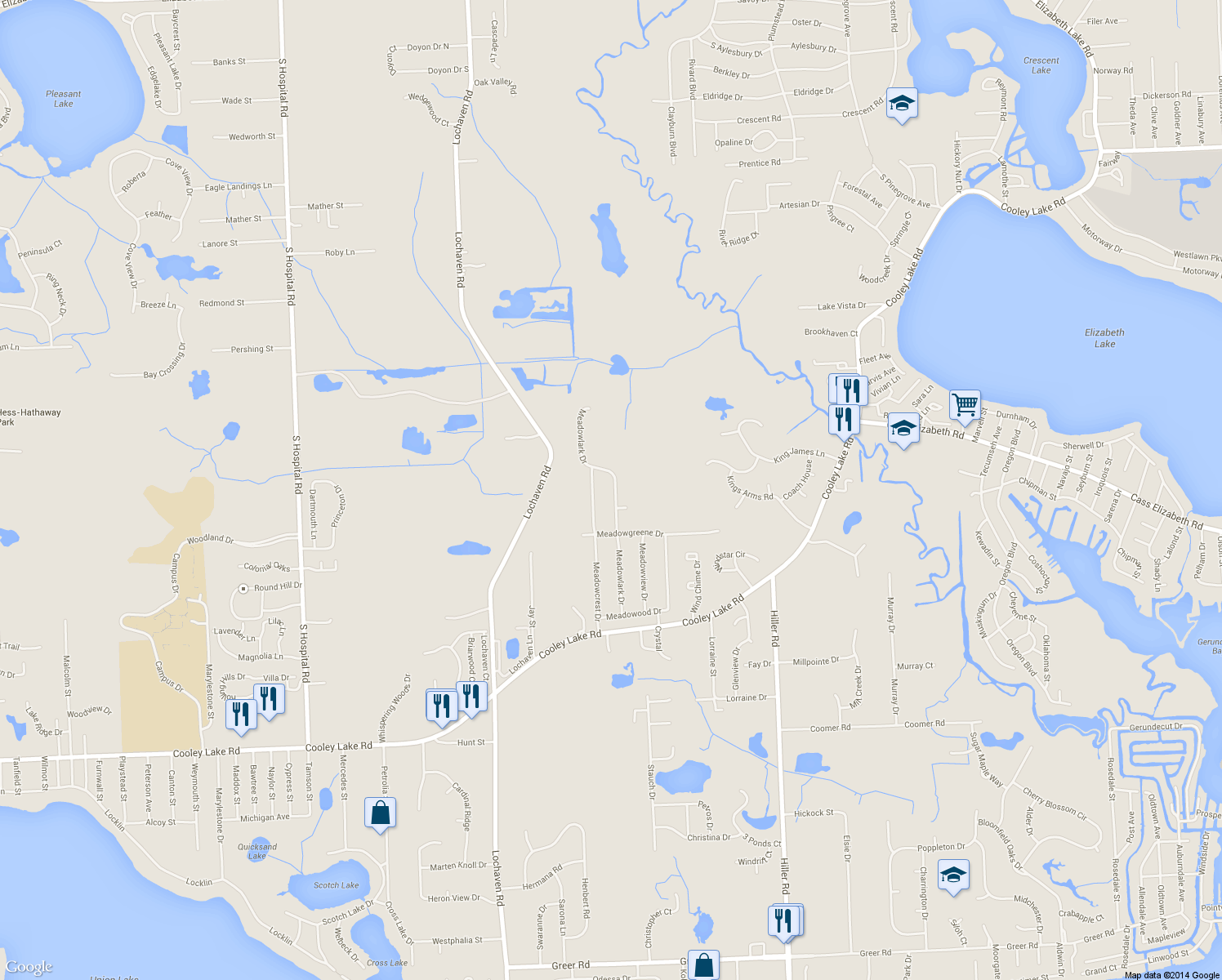 map of restaurants, bars, coffee shops, grocery stores, and more near 1074 Meadowlark Drive in Waterford Township