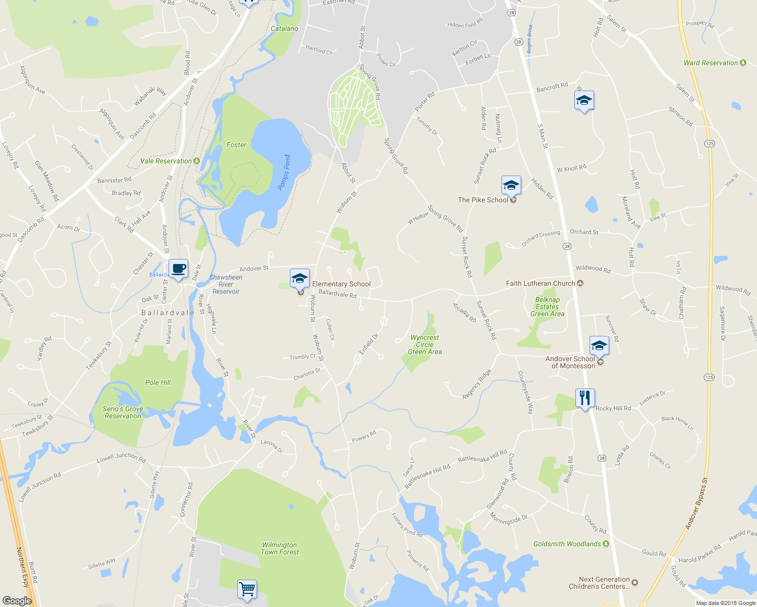 map of restaurants, bars, coffee shops, grocery stores, and more near 94 Ballardvale Road in Andover