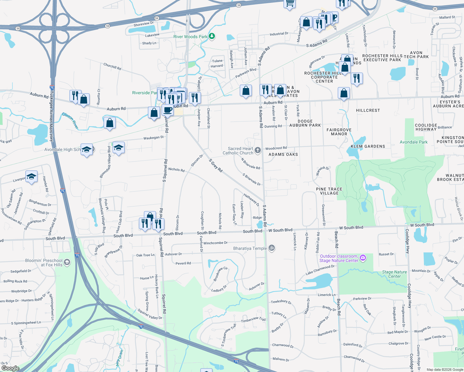 map of restaurants, bars, coffee shops, grocery stores, and more near 3676 Eaton Gate Ln in Auburn Hills