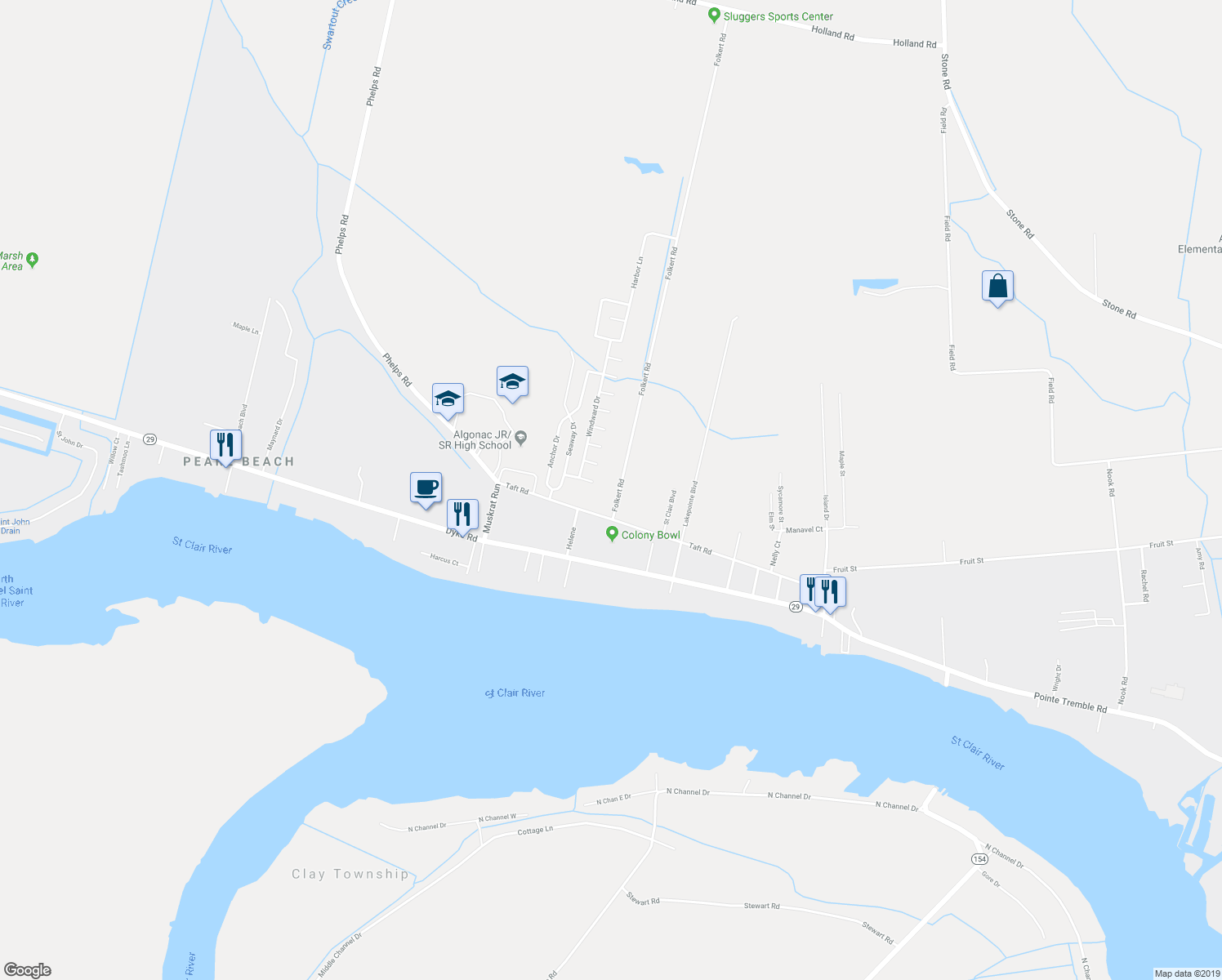 map of restaurants, bars, coffee shops, grocery stores, and more near 9556 Folkert Road in Clay Township